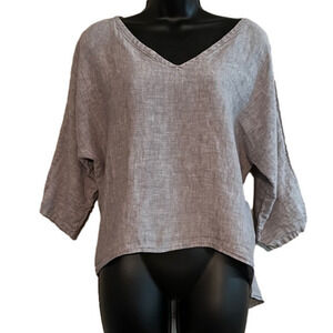 Fig and Wasp Light Gray 100% Linen 3/4 Sleeve Boat Neck Top Sz Small USA EUC